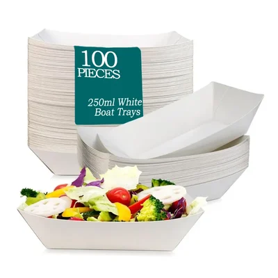 100 pcs, 250ml White Paper Boat Trays for Snack, Cookies