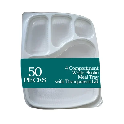 4 Compartment 300 Micron White Plastic Meal Tray with Transparent Lid for Thali, Indoor and Outdoor Events(Pack-50)