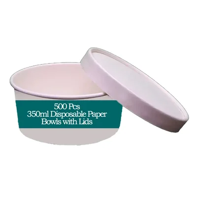 Disposable White Paper Bowls with Lids, 350 ml (500 Pcs)