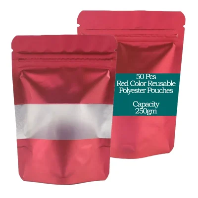 50 Pcs, Red Color Reusable Polyester Stand Up Pouches with Transparent Window(Capacity-250 gm)