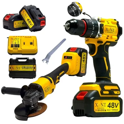 XLNT 48V Cordless Brushless 10mm Metal Chuck Impact Drill & 125mm (5") Angle Grinder Combo Kit With Battery & Charger