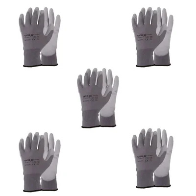 Yato (YT-7472) 5 Pair Safety Gloves - Grey Polyurethane, Nylon Liner, Cut Resistant for Industrial Work