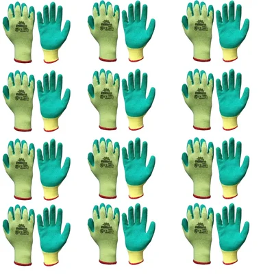 Delight 12 Pair Yellow Cotton Green Latex Coated Gloves (MLPN54-YG)