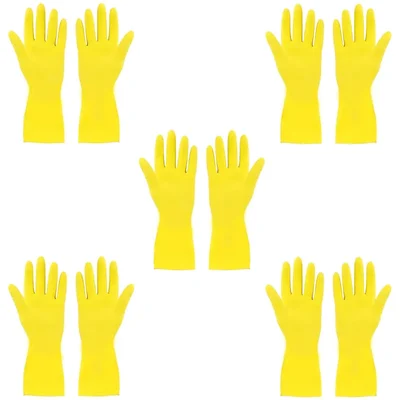 Conclood Pack of 5 Pairs Yellow Wet and Dry Rubber Safety Hand gloves for Multipurpose Household Uses