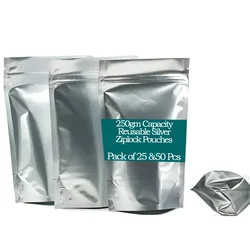 250 gm Capacity Reusable Silver Food-Grade Zip-Lock Standup Pouches (Pack-25 pcs)
