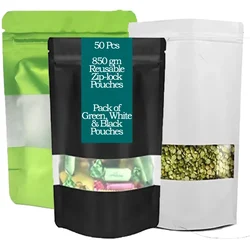 50 Pcs, 850 gm Reusable Polyester Zip-lock Pouches for Cereals, Pulses, Dry fruits, Coffee-beans(Color-Green Pouches)