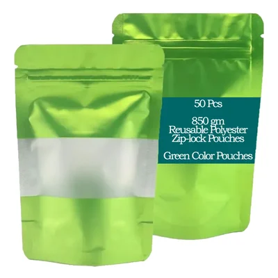 50 Pcs, 850 gm Reusable Polyester Zip-lock Pouches for Cereals, Pulses, Dry fruits, Coffee-beans(Color-Green Pouches)