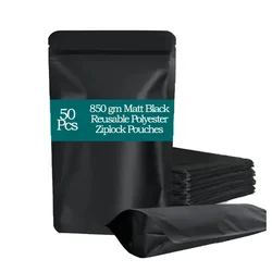 50 Pcs, 850gm Matt Black Stand Up Ziplock Reusable Polyester Storage Pouch for Food & Snacks