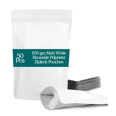 50 Pcs, 850 gm Matt White Reusable Polyester Ziplock Pouches for Cashew Nuts, Masala, Dry-Fruits packaging