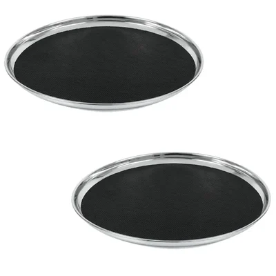16.5 Inch x 2pcs Stainless Steel Bar Tray with Vinyl Coated Base, Non-Slip Serving Tray for Bars, Restaurants & Catering