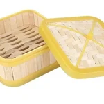 16.5cm Square Shaped Bamboo Based Wooden Dimsum Basket with Yellow Border