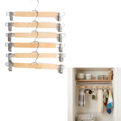 6 pieces Wooden Hanger with Clips / Hardwood Anti-Slip Adjusting SS Clamp Organizer for Commercial Kitchen & Chef Aprons