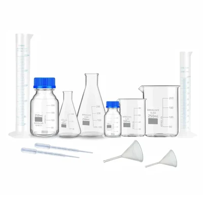 VVS Professional Kit 12pcs Beaker Reagent Bottle Conical Flask Cylinder Dropper 3ml Plastic Funnel