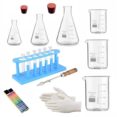 VVS Laboratory Kit 19pcs Beaker Flask Test Tube Stand Holder Rubber Cork PH Papers Gloves