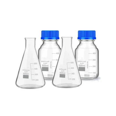 VVS 500ml Conical Flask 500ml Reagent Bottle Set of 4 Lab Blue Screw Cap