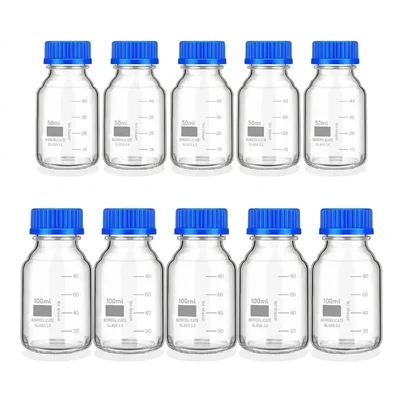 VVS 50ml 100ml Reagent Bottle pack of 10 Lab Leak Proof Blue Screw Cap