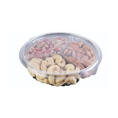 25 Pcs x 3 Compartment Round Dry Fruit Hinged Container, Clear Plastic Disposable Serving Tray for Sweets and Dry Fruits