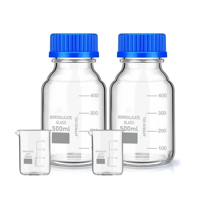 VVS Borosilicate Glass Measuring Beaker 25ml 2pcs & Reagent bottle 500ml 2pcs With blue Screw Cap Set of 4 for Lab