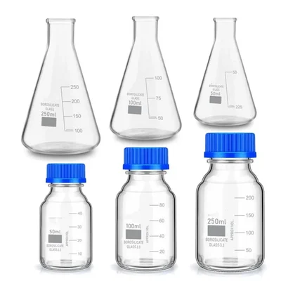Vvs Borosilicate Glass Measuring conical & Reagent bottle 25ml 50ml 100ml With leak Proof Pack of 6 for lab