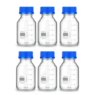 Vvs 50ml pack of 6pcs Borosilicate Glass Reagent Bottle Wide Mouth Blue Screw Cap