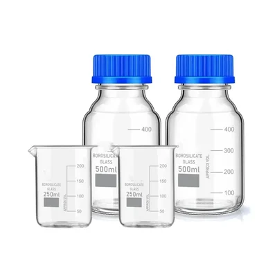 Vvs 250ml 2pcs 500ml 2pcs Set of 4 Borosilicate Glass Measuring Beaker Reagent Bottle Blue Screw Cap