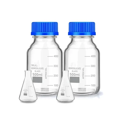 Vvs Borosilicate Glass Measuring Conical 25ml 2pcs & Reagent bottle 500ml 2pcs With blue Screw Cap Set of 4 for Lab