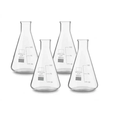 Vvs 100ml pack of 4 Conical Flasks Clear Graduation Marks Flat Bottom