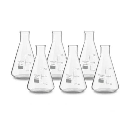 Vvs 100ml pack of 6 Conical Flasks Clear Graduation Marks Flat Bottom