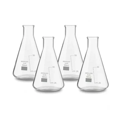 Vvs 50ml pack of 4 Conical Flasks Clear Graduation Marks Flat Bottom