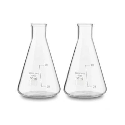 Vvs 50ml pack of 2 Conical Flasks Clear Graduation Marks Flat Bottom