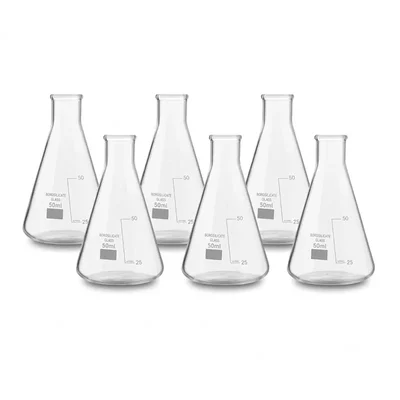 Vvs 50ml pack of 6 Conical Flasks Clear Graduation Marks Flat Bottom