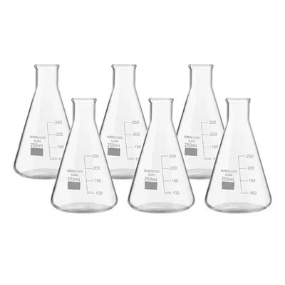 Vvs 250ml pack of 6 Conical Flasks Clear Graduation Marks Flat Bottom
