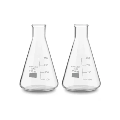 Vvs 250ml pack of 2 Conical Flasks Clear Graduation Marks Flat Bottom
