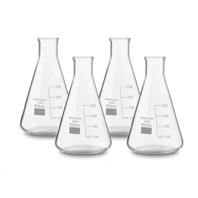 Vvs 250ml pack of 4 Conical Flasks Clear Graduation Marks Flat Bottom