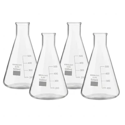 Vvs 500ml pack of 4 Conical Flasks Clear Graduation Marks Flat Bottom