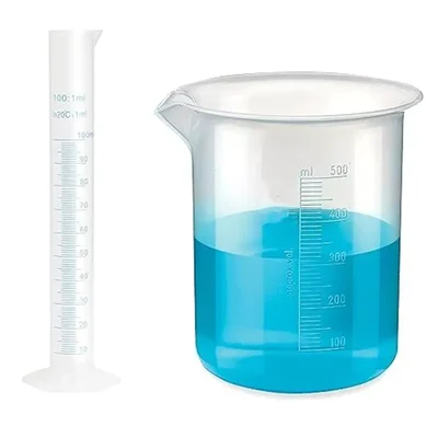 VVS 100ml Measuring Cylinder 500ml Beaker set of 2 School College Lab Polypropylene Blue Printed Graduation