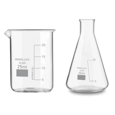 VVS 25ml Pack of 2 Borosilicate 3.3 Glass Chemistry Lab Beaker & Conical Flask Set