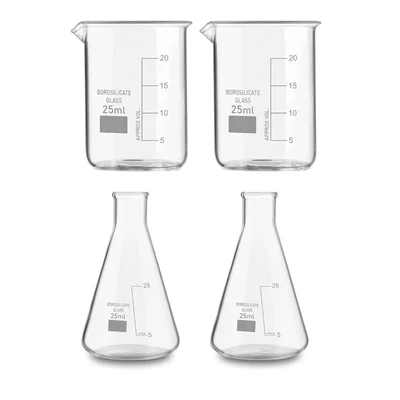 VVS 25ml Pack of 4 Borosilicate 3.3 Glass Chemistry Lab Beaker & Conical Flask Set
