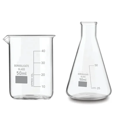 VVS 50ml Pack of 2 Borosilicate 3.3 Glass Chemistry Lab Beaker & Conical Flask Set