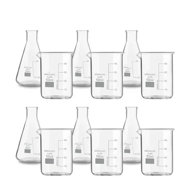 VVS 50ml Pack of 12 Borosilicate 3.3 Glass Chemistry Lab Beaker & Conical Flask Set