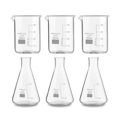 VVS 50ml Pack of 6 Borosilicate 3.3 Glass Chemistry Lab Beaker & Conical Flask Set