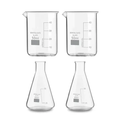 VVS 50ml Pack of 4 Borosilicate 3.3 Glass Chemistry Lab Beaker & Conical Flask Set