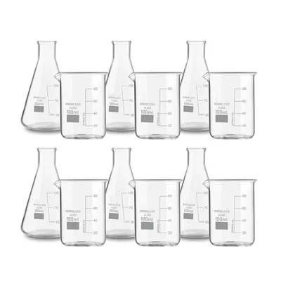 VVS 100ml Pack of 12 Borosilicate 3.3 Glass Chemistry Lab Beaker & Conical Flask Set