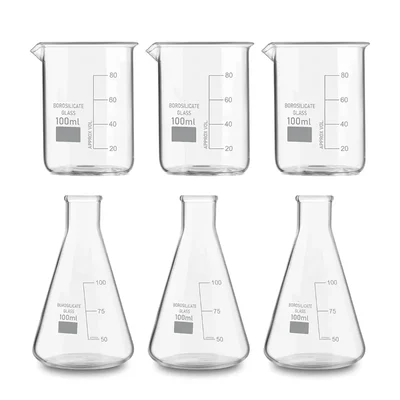 VVS 100ml Pack of 6 Borosilicate 3.3 Glass Chemistry Lab Beaker & Conical Flask Set