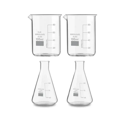VVS 100ml Pack of 4 Borosilicate 3.3 Glass Chemistry Lab Beaker & Conical Flask Set