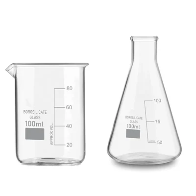 VVS 100ml Pack of 2 Borosilicate 3.3 Glass Chemistry Lab Beaker & Conical Flask Set