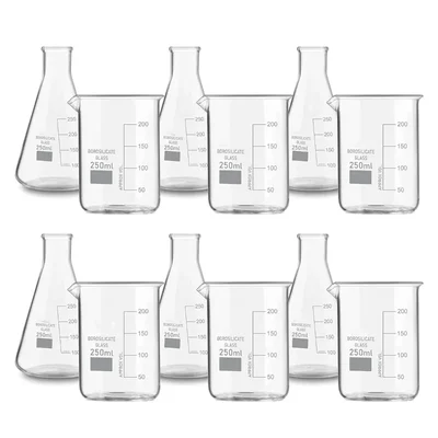 VVS 250ml Pack of 12 Borosilicate 3.3 Glass Chemistry Lab Beaker & Conical Flask Set