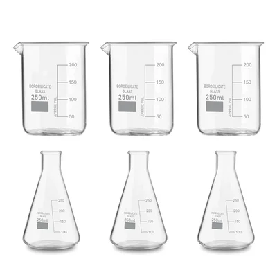 VVS 250ml Pack of 6 Borosilicate 3.3 Glass Chemistry Lab Beaker & Conical Flask Set