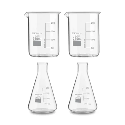 VVS 250ml Pack of 4 Borosilicate 3.3 Glass Chemistry Lab Beaker & Conical Flask Set