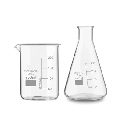 VVS 250ml Pack of 2 Borosilicate 3.3 Glass Chemistry Lab Beaker & Conical Flask Set